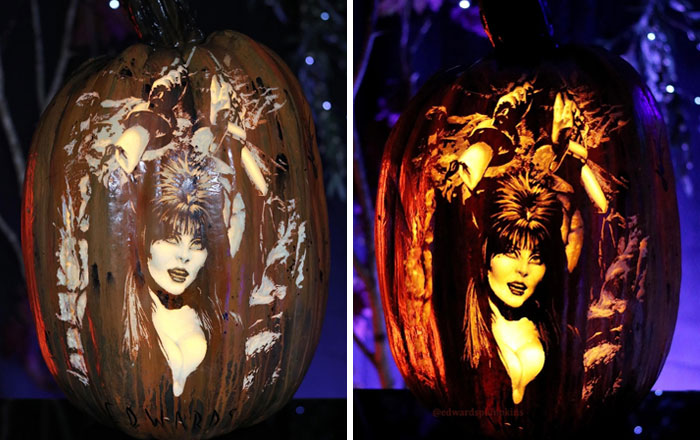 "Yours, Cruelly," Elvira Pumpkin. This Portrait Of Cassandra Peterson Was Hand Carved On A Modified "Commander" Style Funkins Brand Foam Pumpkin