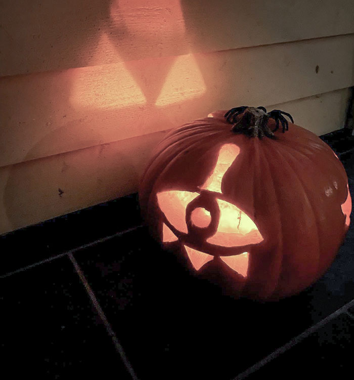 My Sister Made This Awesome Pumpkin With The Yiga Clan Symbol And The Triforce Symbol At The Back 