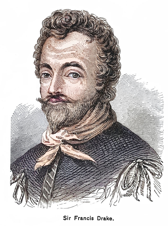 Portrait of the famous pirate Sir Francis Drake with a mustache and beard, wearing a scarf and detailed clothing, facing forward.