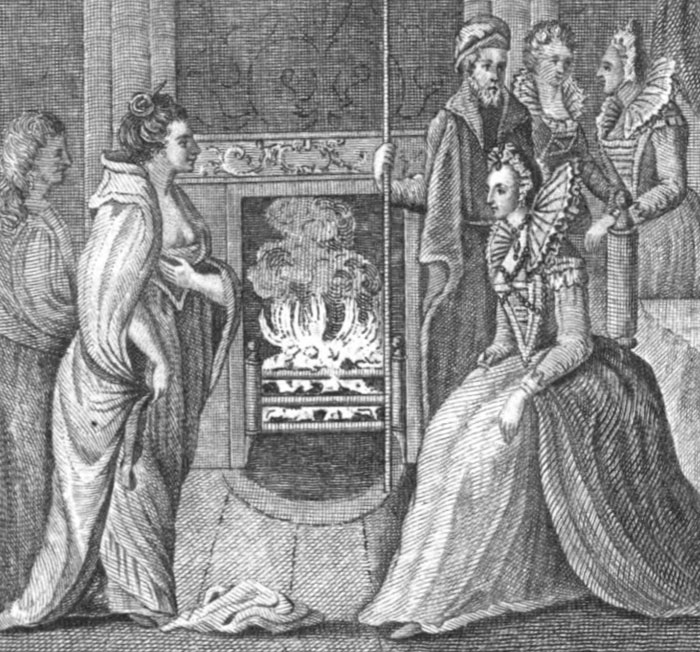 Historical illustration showing famous pirate Grace O'Malley meeting Queen Elizabeth I, with figures dressed in elaborate attire around a fireplace.