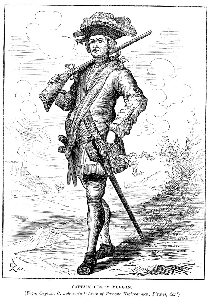 Illustration of famous pirate Captain Henry Morgan carrying a musket over his shoulder, dressed in 17th-century attire, with a sword at his side.