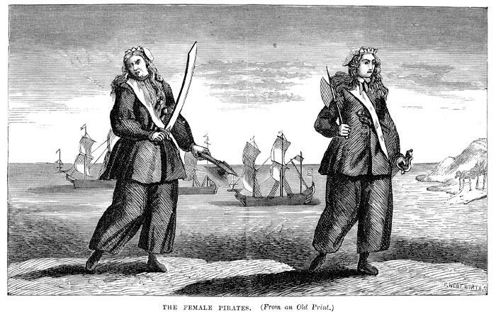 Illustration of famous pirates Anne Bonny and Mary Read, dressed in pants and holding swords, standing on a shore with ships in the background.