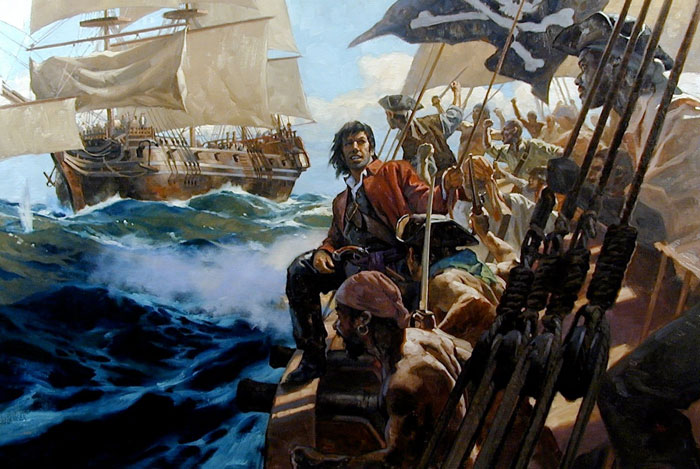  Dramatic scene of a famous pirate crew preparing for battle at sea, with the captain in a red coat leading while facing an enemy ship in the distance.