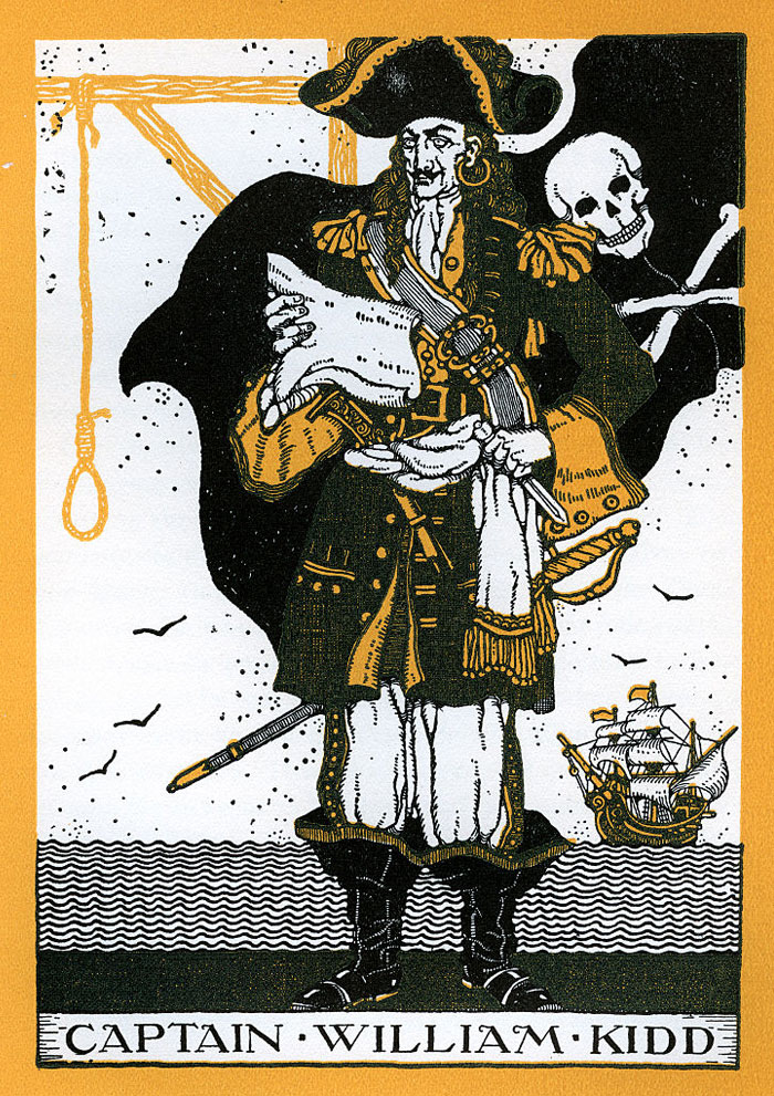  Illustration of famous pirate Captain William Kidd holding a map with a skull and crossbones in the background, standing by a sailing ship.