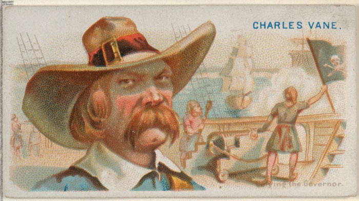 Vintage illustration of the famous pirate Charles Vane with a large hat and mustache, with a ship and pirate crew raising a flag in the background.