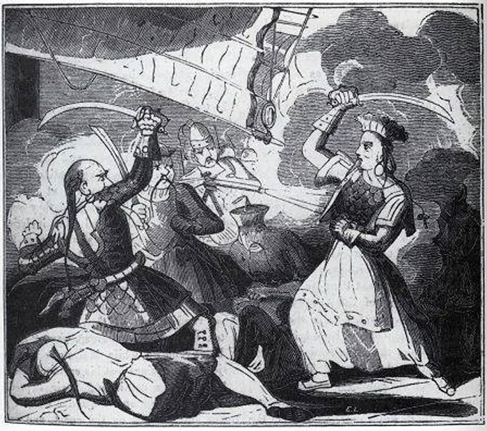  Black-and-white illustration of the famous pirate engaged in a sword fight on a ship, surrounded by other pirates and chaotic battle scenes.