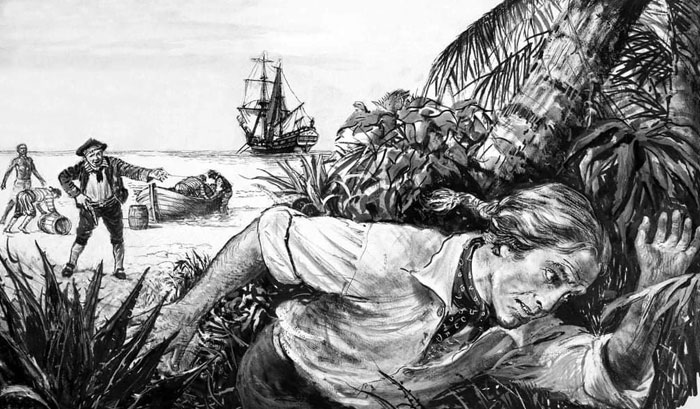 Black-and-white illustration of the famous pirate hiding in tropical foliage, with a ship and crew unloading supplies on the beach nearby.