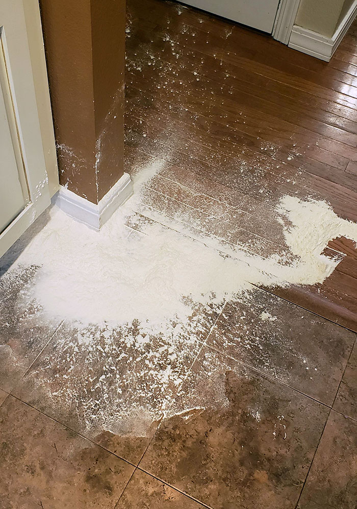 I Moved The Flour Away From The Kid So He Wouldn't Make A Mess, And I Knocked It Off The Counter With My Elbow