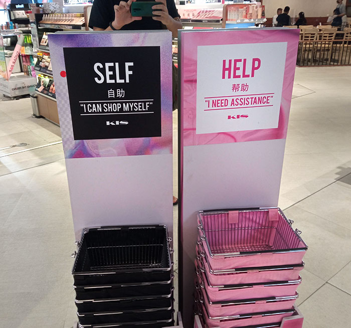 My Local Department Store Colorizes Its Shopping Baskets Based On Whether You Need Assistance Or Not