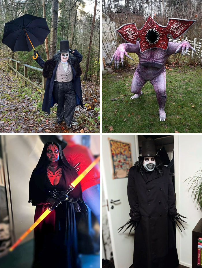 Some Of My Costumes Of Previous Years. Oswald Cobblepot, Demogorgon, Darth Maul (Genderbender) And Babadook