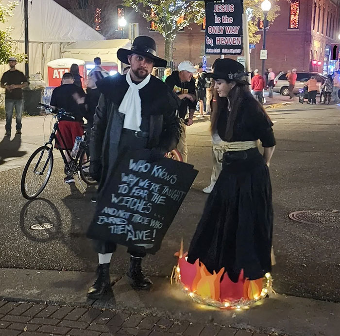 I Made A Burning Witch Costume And Like To Harass The Hateful Hellfire Christians At The Local Halloween Parade. This Year My Husband Joined As A Puritan