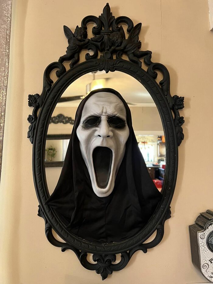 My Halloween Creation This Year! I Used One Of My Antique Mirrors & Painted It Black With Basic Acrylic Paint