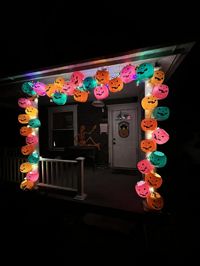 Meet My Cheap And Effective Lil’ Jack O Lantern Archway! I Have Them All Attached To Each Other With Zip Ties, And Attached The Lights Directly As Well So I Just Hang It Up And Plug It In Each Season!