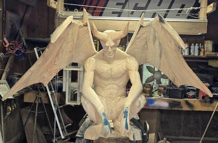 Making My Own Decoration, Life Sized Demon Carved From White Pine