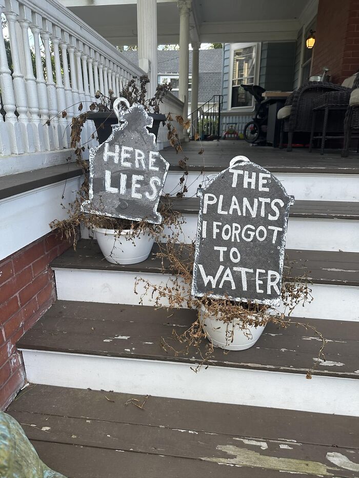 Dollar Tree Styrofoam Gravestones Flipped Over With Silver Marker + The Dead Plants You Still Haven’t Thrown Out From The Summer