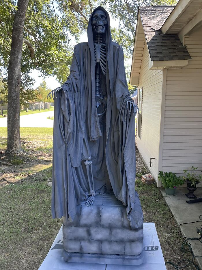 My Daughter And I Built This Skeleton Ghost Statue Over The Weekend. The Base Is A Large, Thick Walled Foam Food Shipping Carton