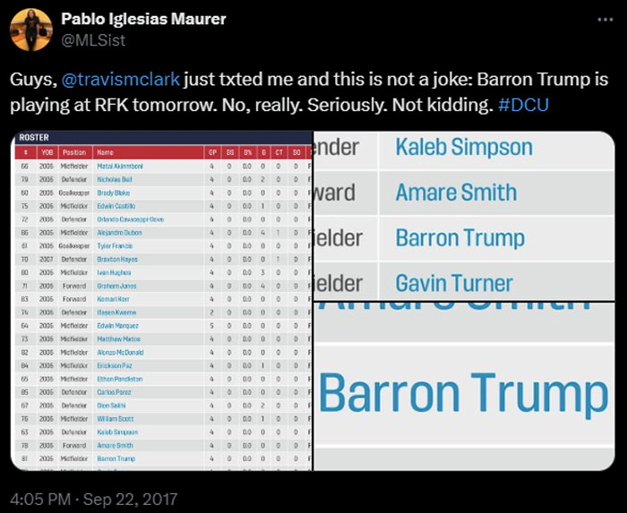 A tweet humorously reveals Barron Trump listed as a midfielder on a soccer roster, with the user surprised by the news, emphasizing his participation.