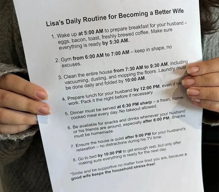 “Smile”: Wife Shares The Unhinged List Her Husband Prepared For Daily Chores She Must Follow