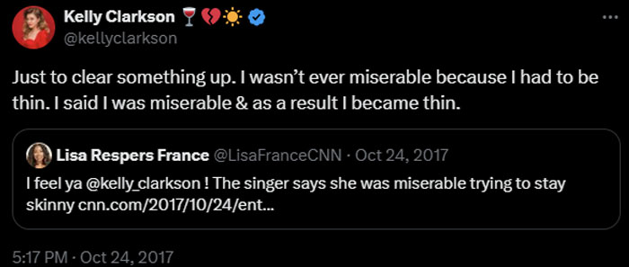 Kelly Clarkson addresses weight loss rumors, clarifying she was miserable, which led to her weight loss, not because of a need to stay thin.