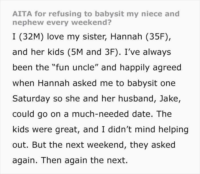 Mom Pressures Brother To Babysit Every Weekend To Help Save Her Marriage, Gets A Reality Check