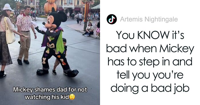 Dad’s Being Neglectful Towards Own Kid At Disneyland, Gets Unexpectedly Called Out By Mickey Mouse