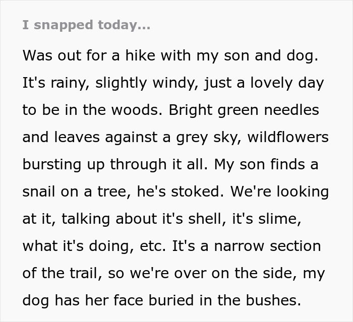 Text about a father hiking with his son and dog. The boy finds a snail and is excited while exploring the woods.