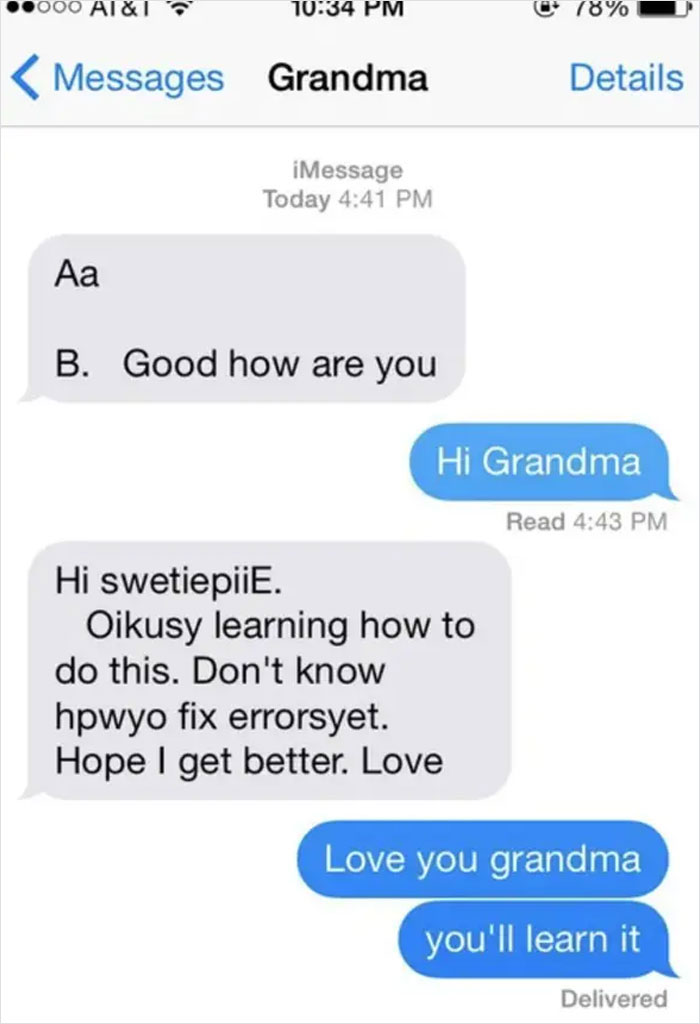 I Found An Old Screenshot From The First Time My Grandma Messaged Me. I Love Her