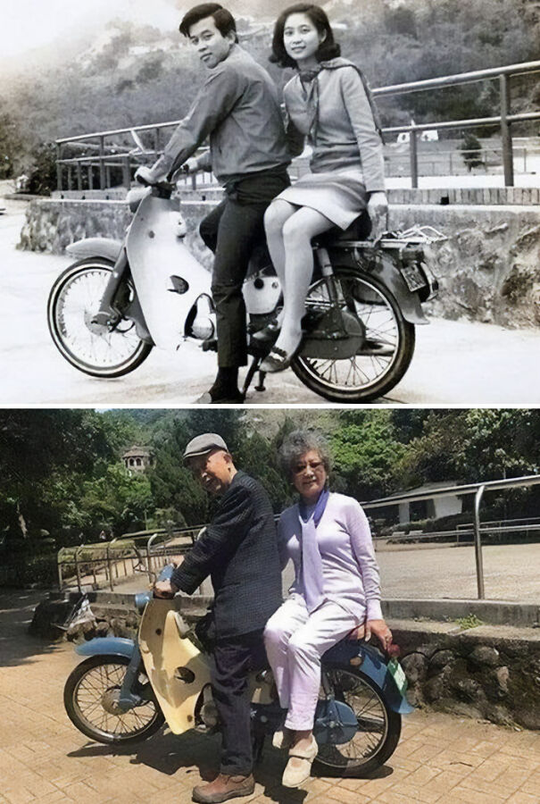 1968-2018 Same Bike, Same Couple, Same Spot.”