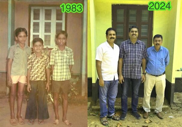 I Am The Guy In The Middle With My Brother (On My Right) And Our Youngest Uncle. Same People Same Location And Same Photographer Recreated This Picture After 41 Years