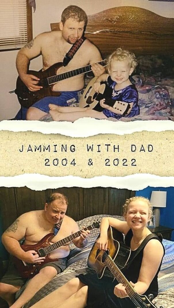 Father And Daughter Cute Recreation With Their Guitar