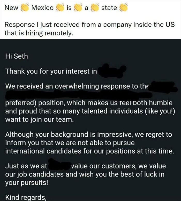 Rejection Letter For A Us Remote Job. Company Thought New Mexico Was "International"