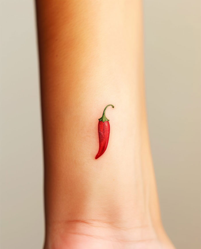 "A small tattoo idea of a realistic red chili pepper on the wrist, showcasing minimalist and vibrant tattoo design."