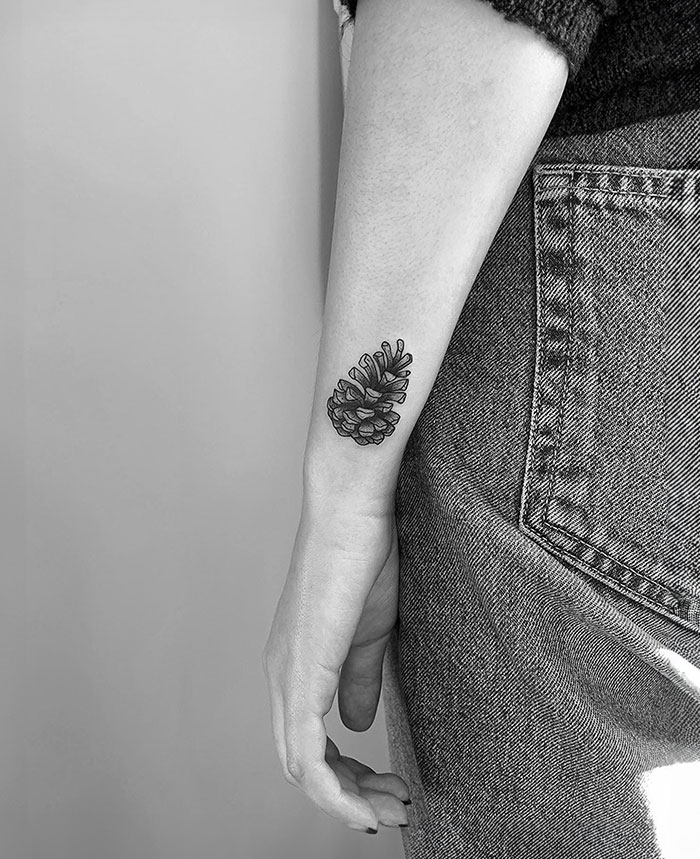 A small tattoo idea featuring a detailed pine cone design on the inner forearm, creating a unique natural vibe perfect for nature lovers.