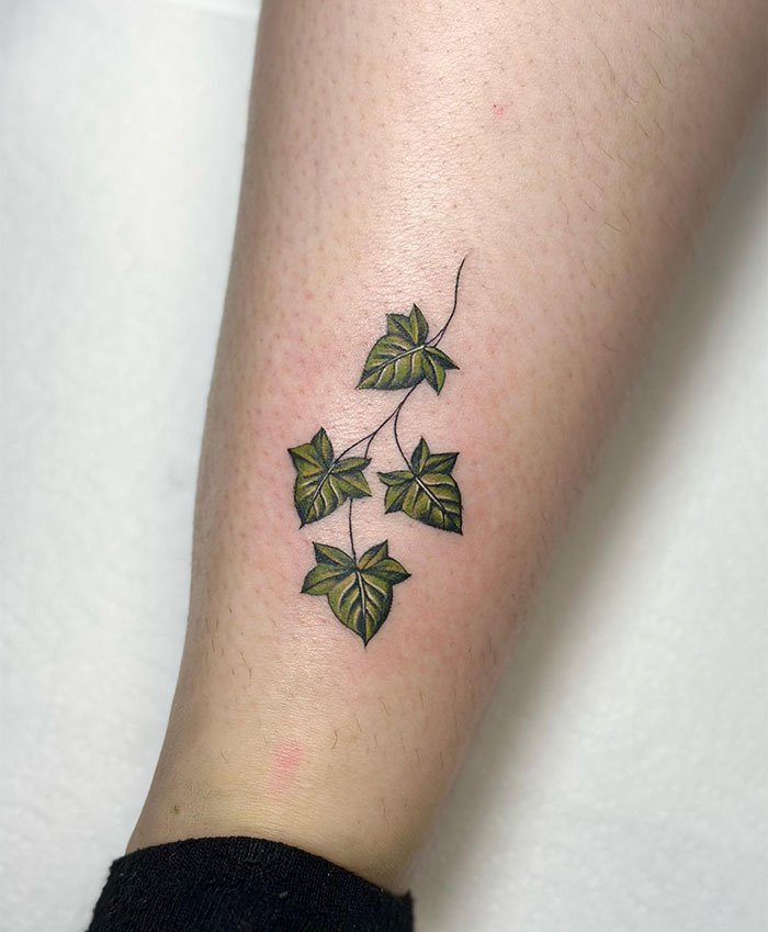 A small tattoo idea featuring a delicate ivy vine with green leaves, creating a natural, earthy aesthetic along the lower leg or arm.