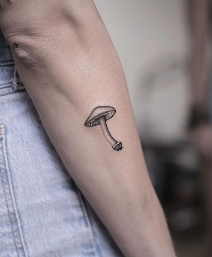 A small tattoo idea featuring a realistic, detailed mushroom on the inner arm, symbolizing growth, resilience, and connection to nature.