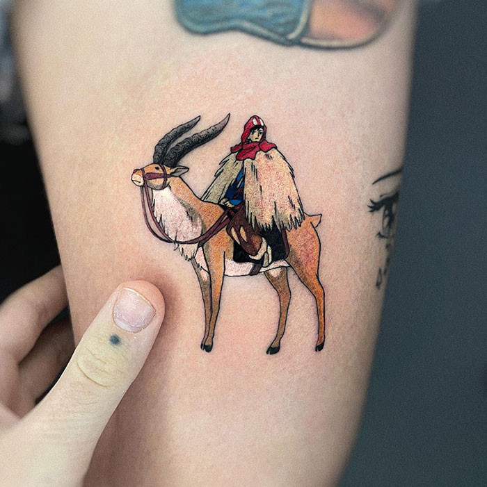  A small tattoo idea featuring a beautifully detailed character riding an antelope, combining elements of fantasy and adventure.