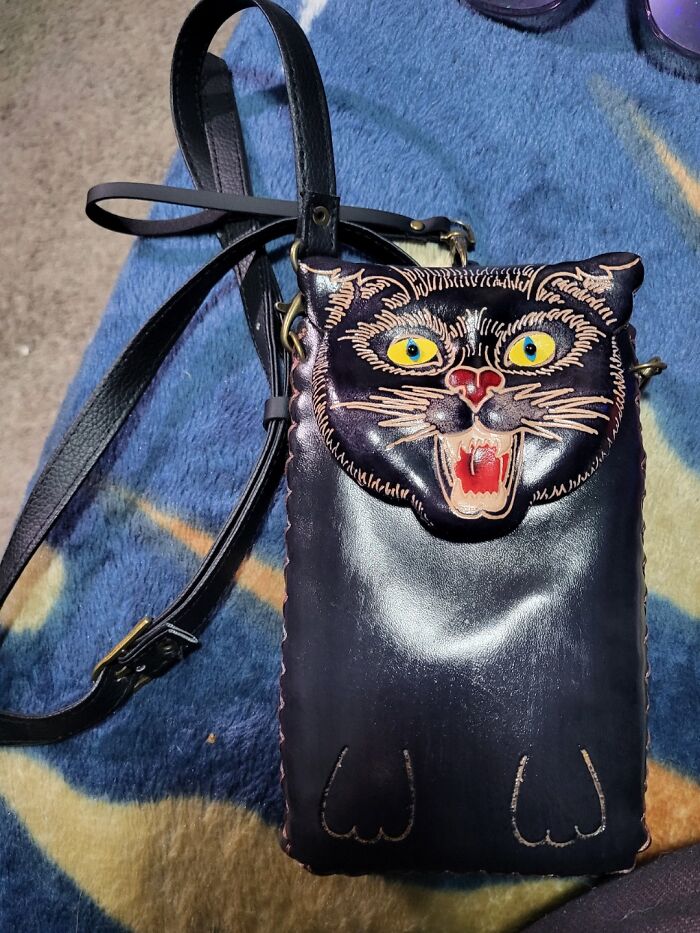 And There She Was, Across The Aisle. Looking At Me All Googly Eyed. Leather Black Cat Crossbody Purse