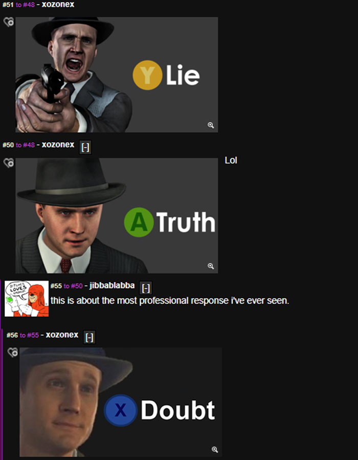 "X To Doubt" meme featuring three images. First: "Y Lie" with an angry man pointing a gun. Second: "A Truth" with a calm man. Third: "X Doubt" with a skeptical look.