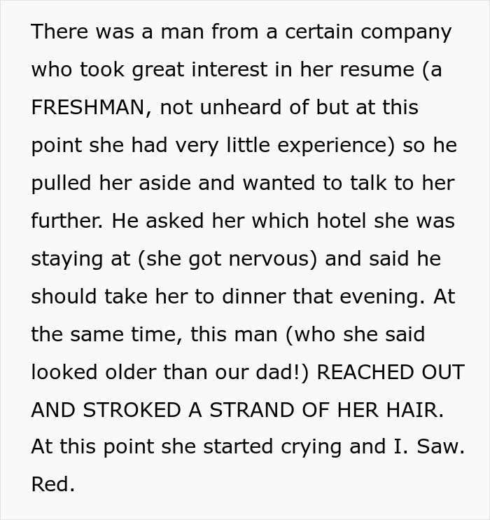 Creepy Man Invites A College Freshman At A Career Fair For Dinner, Faces The Wrath Of Her Sister