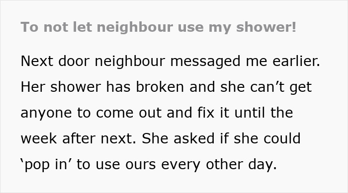 Woman Complains About Neighbor Asking To Use Her Shower, Internet Isn’t Sympathetic