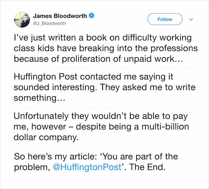 Tweet highlighting a choosing beggar situation with Huffington Post's unpaid work request.