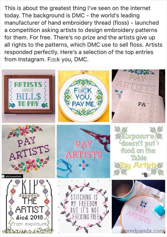 Embroidery showcasing choosing beggars getting a reality check with messages like "Artists Have Bills To Pay" and "Pay Artists."