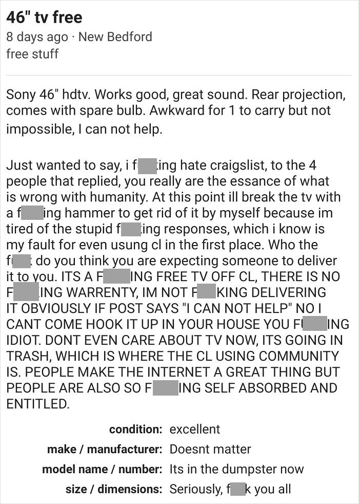 "Craigslist post about giving away a free 46-inch TV, expressing frustration with entitled responses."