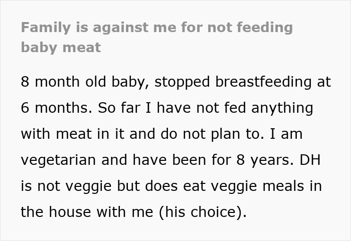 Text about a vegetarian mom's concern over family feeding her baby meat against her wishes.