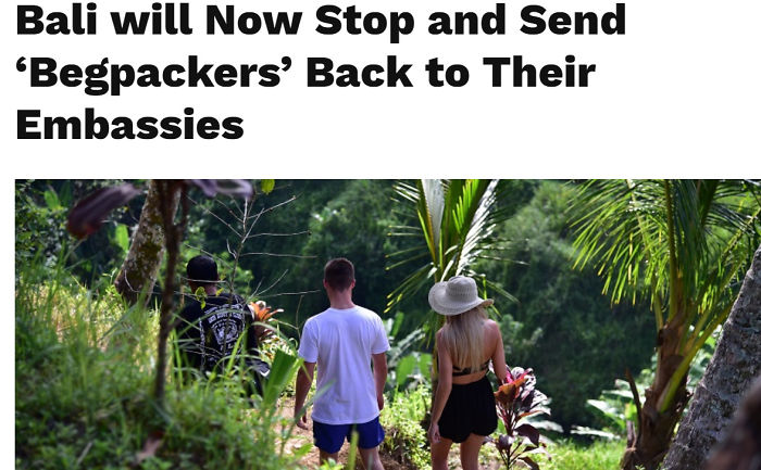 Bali addressing choosing beggars, three tourists walking through lush greenery.