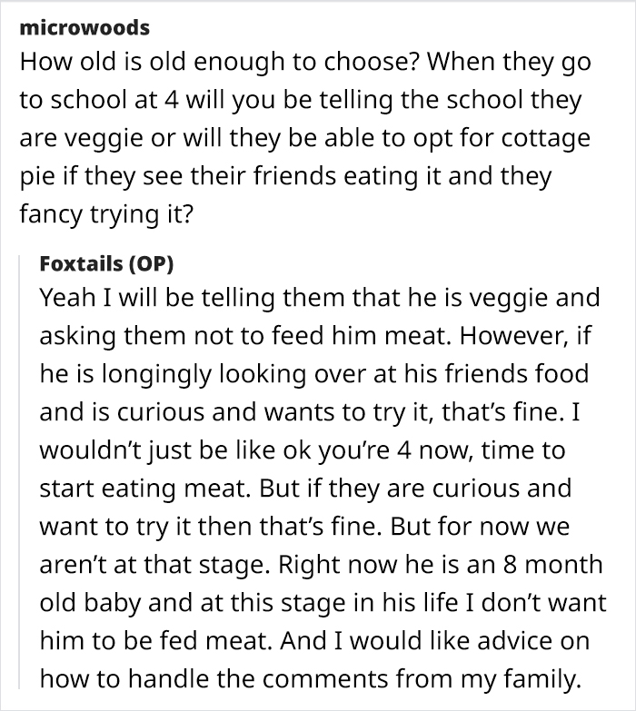 Text exchange discussing a vegetarian mom concerned about her family feeding her baby meat.