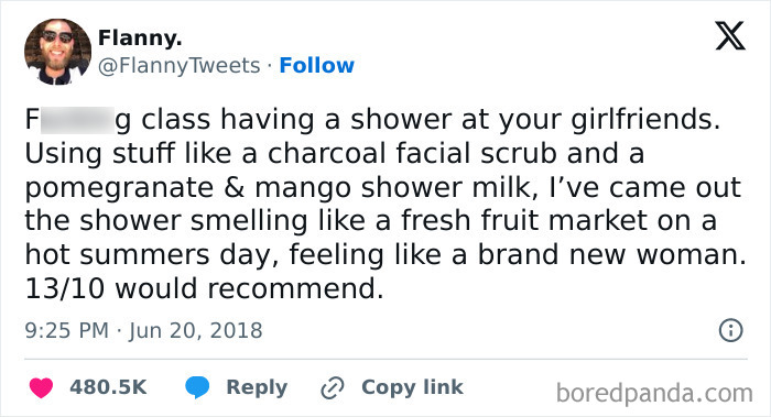 Tweet about a classy shower experience with charcoal scrub and pomegranate mango milk. Hilarious and highly recommended!