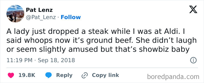 Funny meme about a dropped steak turning into ground beef at Aldi, highlighting awkward humor.