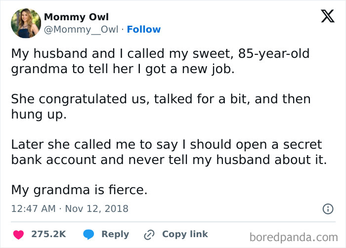 Tweet text about a grandma's humorous advice on secret bank accounts. Part of 76 hilarious tweets.