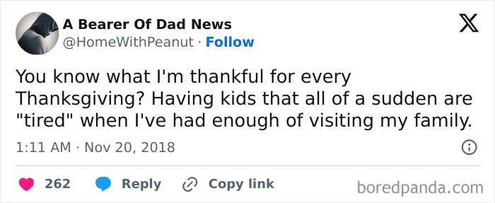 Tweet about the humor of kids pretending to be tired during Thanksgiving family visits.